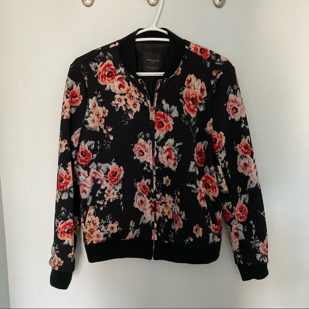 Zara Black Floral Bomber Jacket